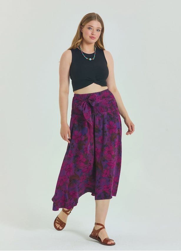 Gipe Waist Tied Wine Patterned Plus Size Skirt 4598